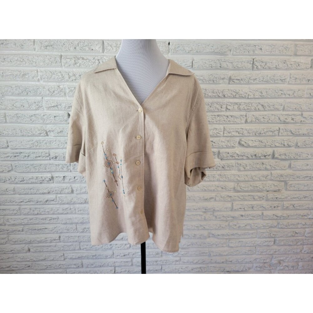 Requirements Petite 2XWP Shirt Blouse Beaded Embroidered Linen Rayon BRO74E